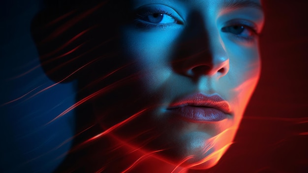 Woman with two colors of light in front of her face in style of curves blurred red and blue color light Beauty portrait closeup long exposure