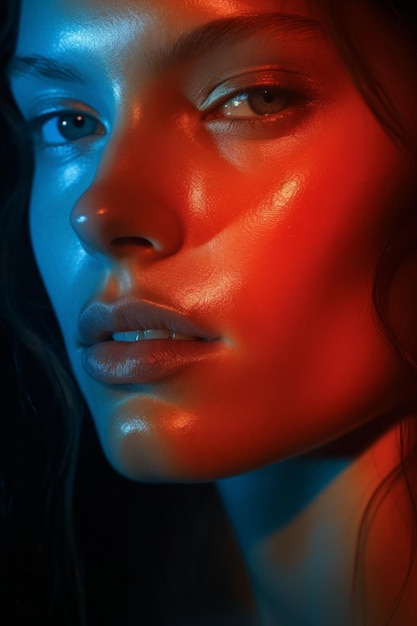 Woman with two colors of light in front of her face in style of curves blurred red and blue color light Beauty portrait closeup long exposure