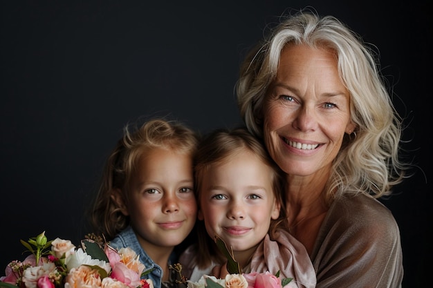 Foto una donna con due ragazze e un bouquet di fiori