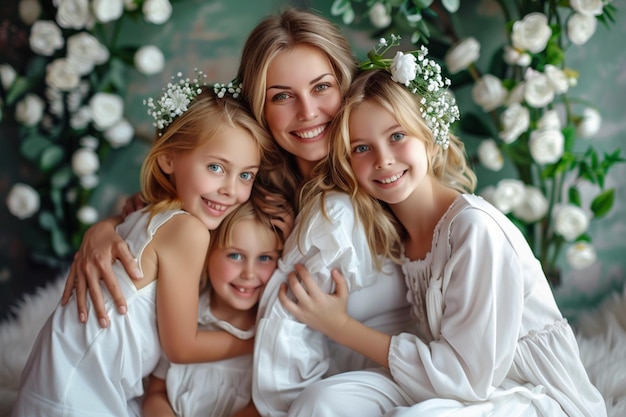 Photo a woman with two girls and a girl wearing white dresses
