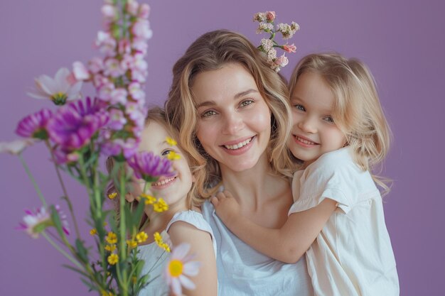 женщина с двумя девочками, обнимающимися и улыбающимися