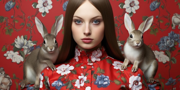 Photo a woman with two rabbits on her shoulders ai