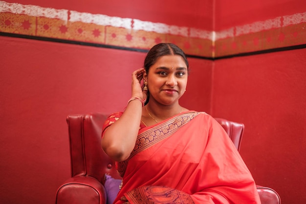 Woman with typical Hindu dress celebrating her culture and proud of her origins Concept Culture tradition customs