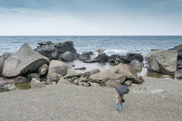 A woman with an umbrella alone on an empty beach looks at the sea