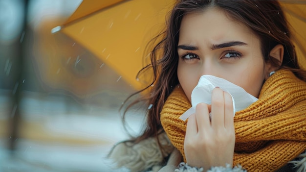 Woman With Umbrella Blowing Her Nose