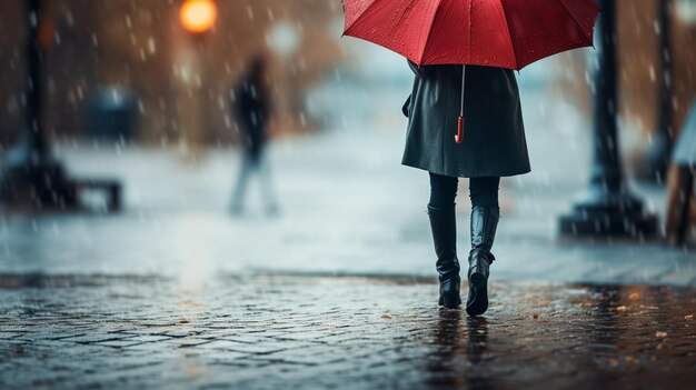 雨の中の秋の街で傘をかぶった女性