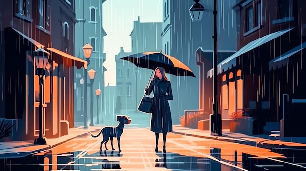 Woman with umbrella and dog outside generative ai