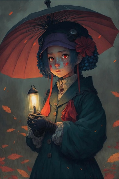 Женщина с зонтиком, держащим фонарь, генеративный ай