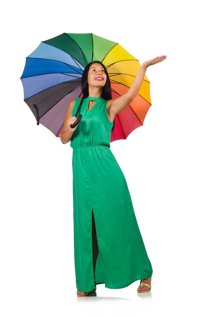 Woman with umbrella isolated on white