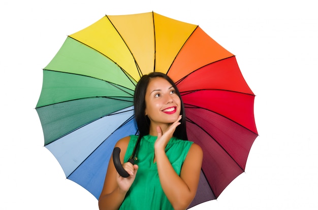白で隔離される傘を持つ女性