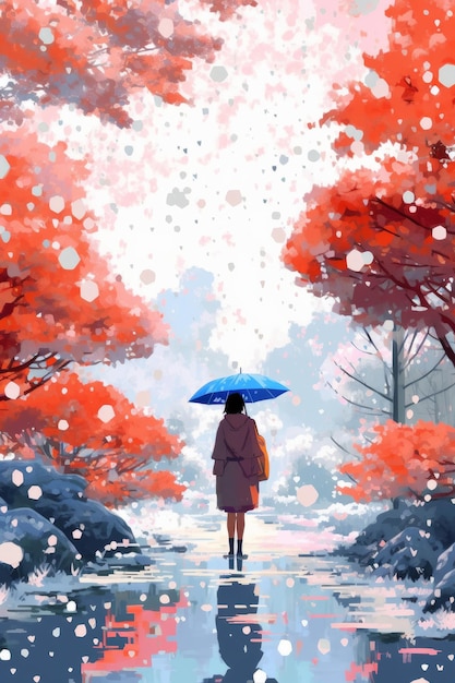 A woman with an umbrella walks down a path in the snow.