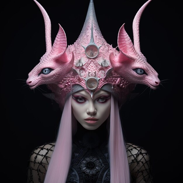 Photo a woman with a unicorn head and horns on her head