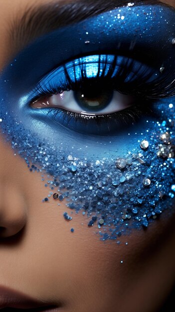 Woman with unusual glitter glitzy blue face beauty makeup