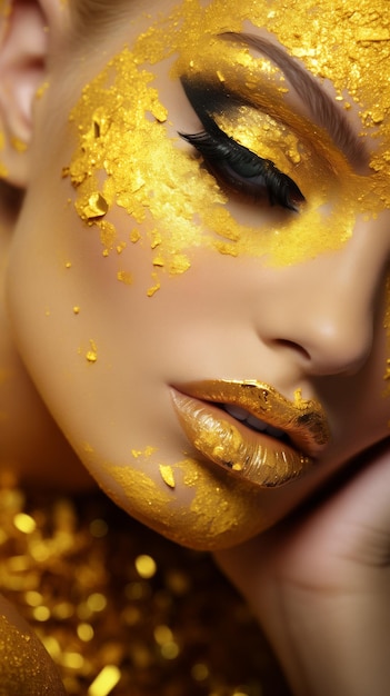 Photo woman with unusual glitter glitzy yellow face beauty makeup