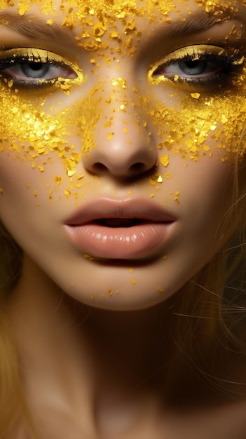 Photo woman with unusual glitter glitzy yellow face beauty makeup