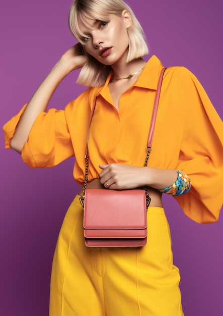 Woman with Vibrant Outfit Holding a Small Bag