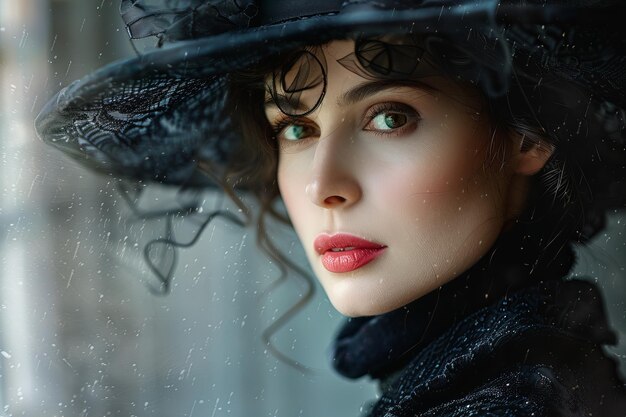 Woman with vintage look contemplating in the rain