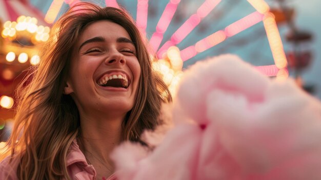 A woman with a violet cotton candy smile enjoys the fun event at the carnival aig