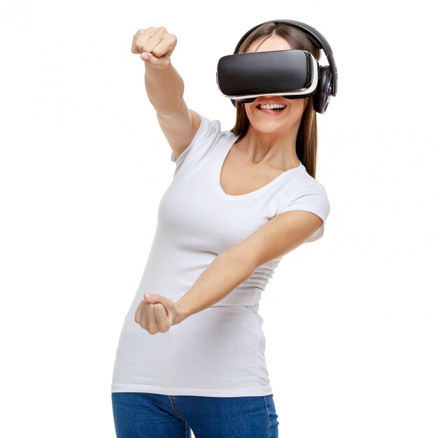 Woman with virtual reality goggles