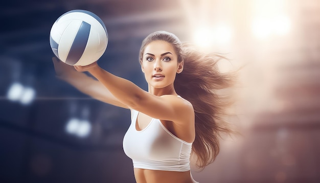 Woman with volleyball making serve at game