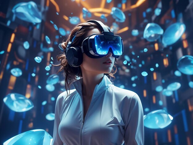 Woman with vr glasses experiencing metaverse