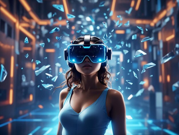 Woman with vr glasses experiencing metaverse