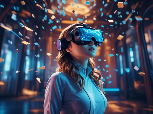 Woman with vr glasses experiencing metaverse