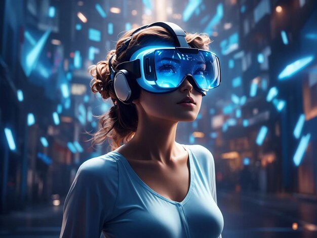 Woman with vr glasses experiencing metaverse