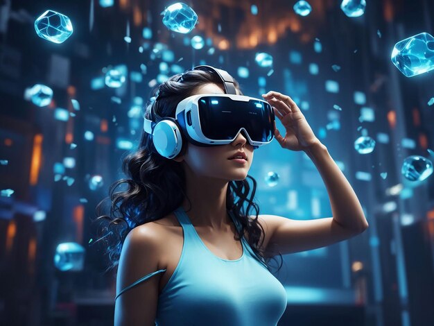 Woman with vr glasses experiencing metaverse