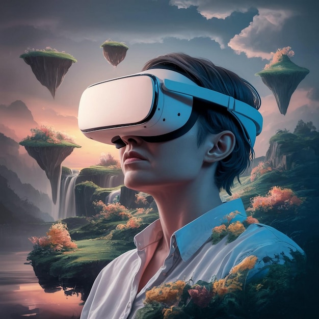 Woman with vr glasses in futuristic city by Generative AI image