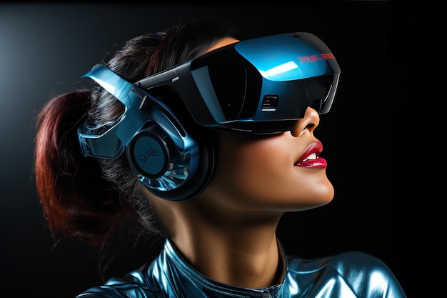 Woman with VR headset and digital technology