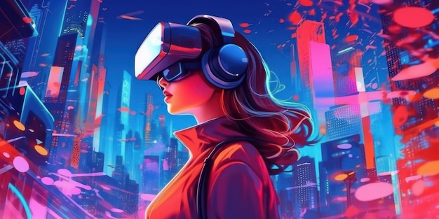 Woman with VR Headset Exploring the Metaverse Virtual Reality Glasse Technology Generative Ai