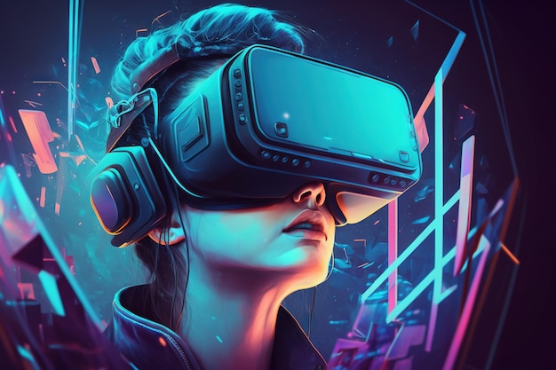 Женщина с гарнитурой VR исследует метавселенную