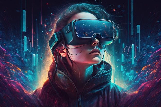 Woman with VR headset exploring the metaverse