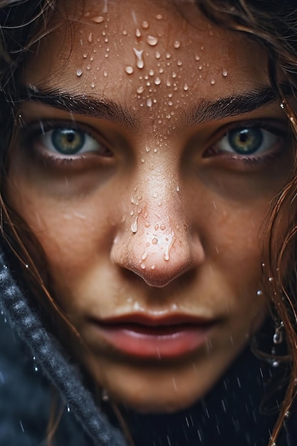 A woman with water droplets on her face