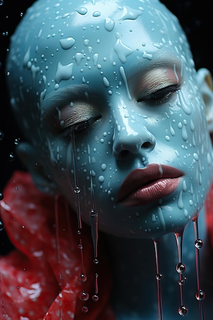 a woman with water drops on her face