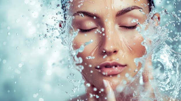 Foto una donna con l'acqua che le spruzza sul viso.