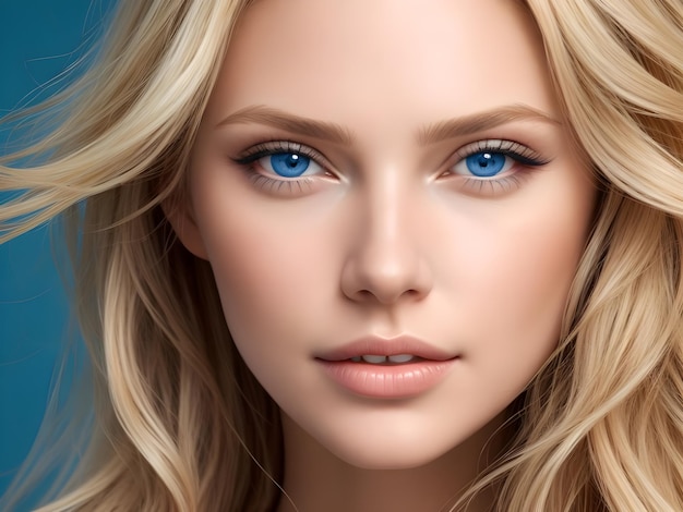 Photo a woman with wavy glossy hair and stunning blue eyes ai generate