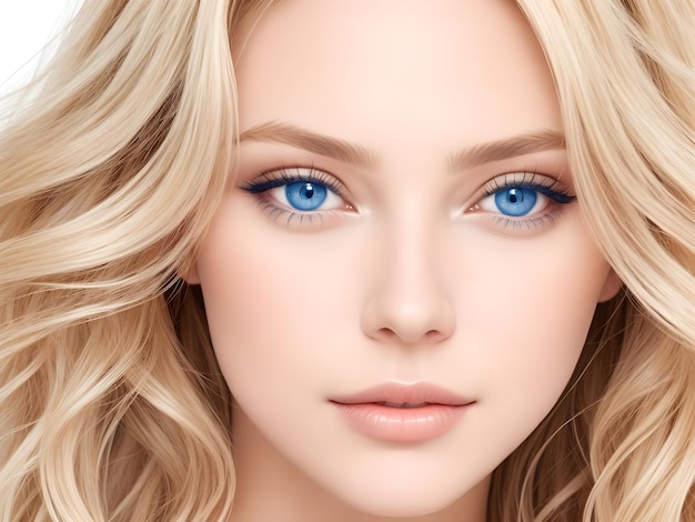 A woman with wavy glossy hair and stunning blue eyes ai generate