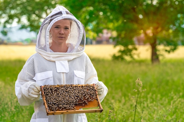 Woman with a wax frame with bees in beekeeping