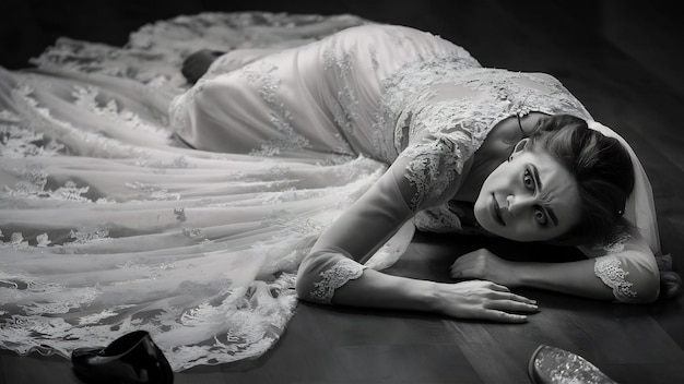 Photo woman with wedding dress lying on the floor