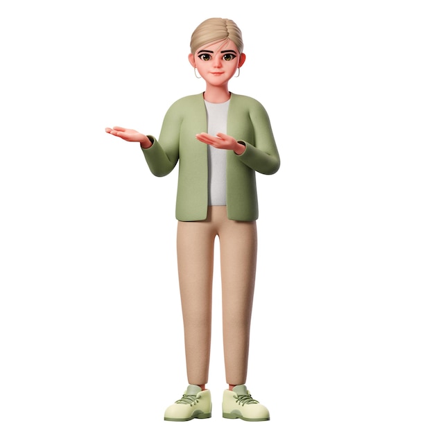 Женщина с хорошо одетой презентацией левой стороны с обеими руками 3D-рендеринга персонажей