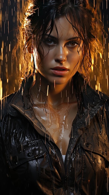 a woman with a wet coat and a wet coat is standing in a rain shower.