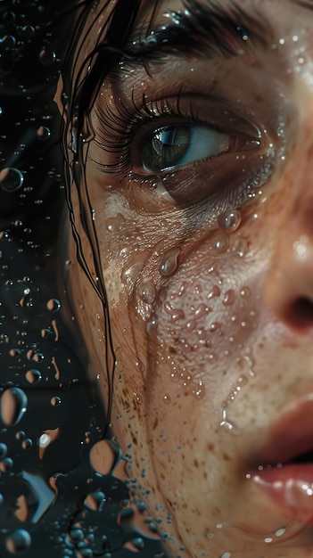 a woman with a wet face and a wet face with water drops on it