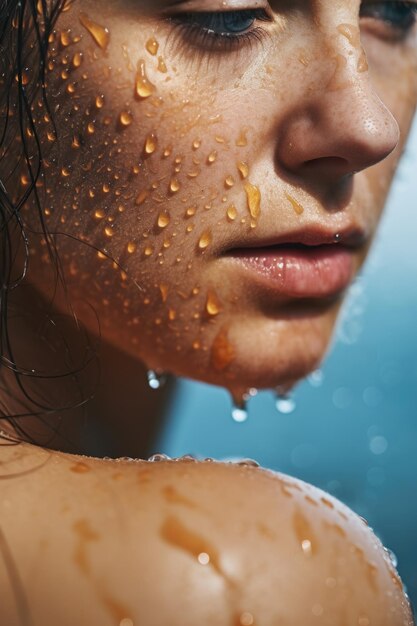 写真 水滴で覆われた湿ったと顔の女性