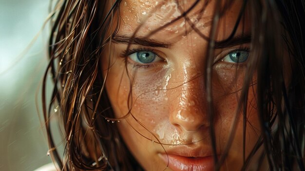 a woman with wet hair and freckles on her face