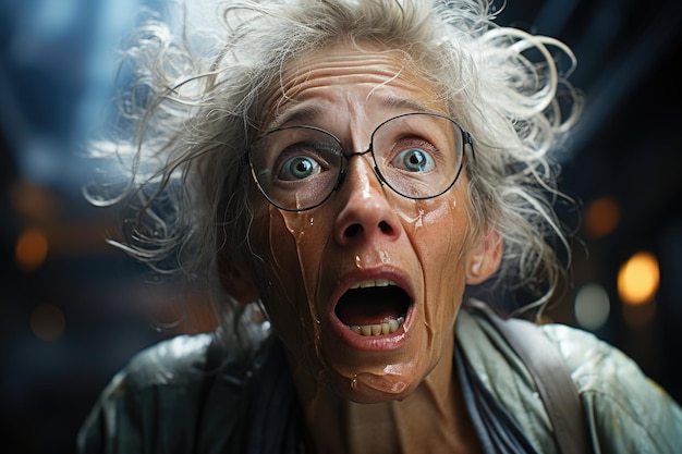 a woman with wet hair and glasses