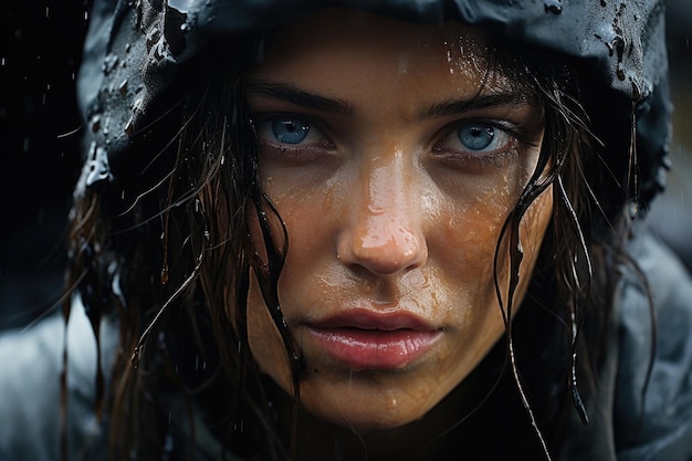 a woman with wet hair and a hood