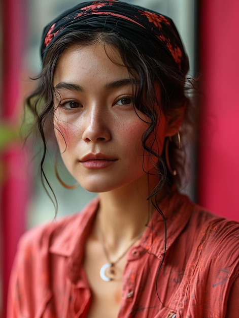 Photo a woman with wet hair and a red shirt