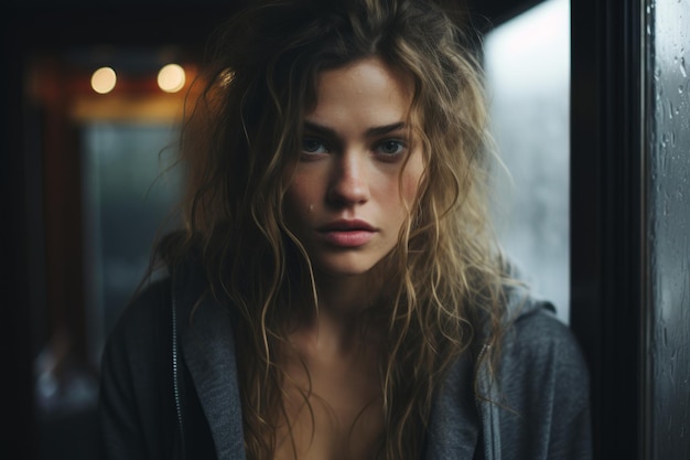 Photo a woman with wet hair standing in front of a window